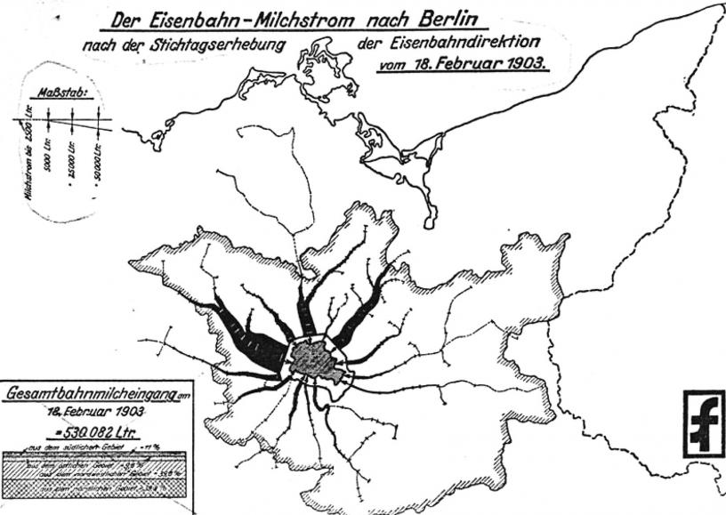 <strong>Flux laitiers par voie ferrée vers Berlin en 1903 et en 1927</strong><br />
Karl Brandt, Der heutige Stand der Berliner Milchversorgung, Berlin, 1928 <br/><small>© D.R.</small>